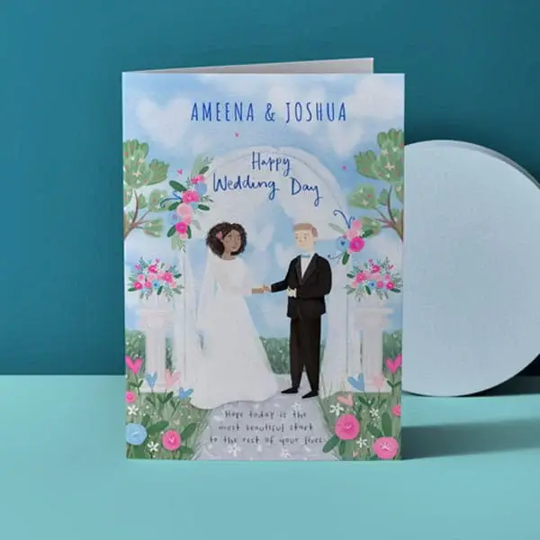 Personalised wedding day card featuring illustrated newlyweds beneath a floral arch with custom names and wedding day message on a teal background.